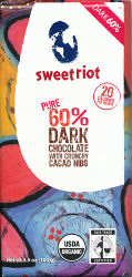 Pure 60% Dark Chocolate with Crunchy Cacao Nibs (Sweet Riot)