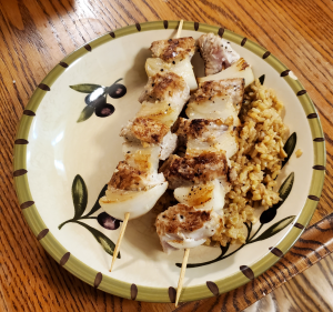 Shark Kebabs Over Spiced Cashew Rice