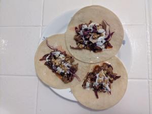 Pork Tacos (Sweet Chili) with Red Cabbage Slaw, Zesty Crema, & Peanuts