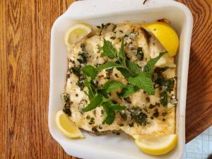 Halibut, Broiled with White Wine Lemon-Caper Sauce