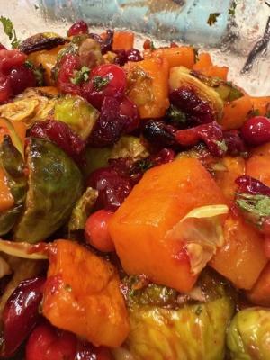 Roasted Butternut Squash, Brussels Sprouts & Sweet Potatoes with Cranberry Glaze