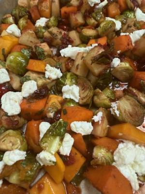 Roasted Butternut Squash, Brussels Sprouts & Sweet Potatoes with Cranberry Glaze