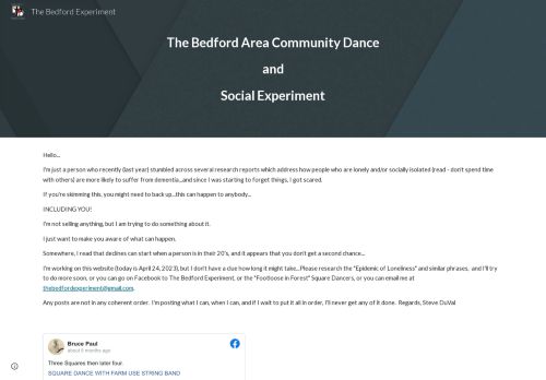 Web site for "The Bedford Area Community Dance and Social Experiment"