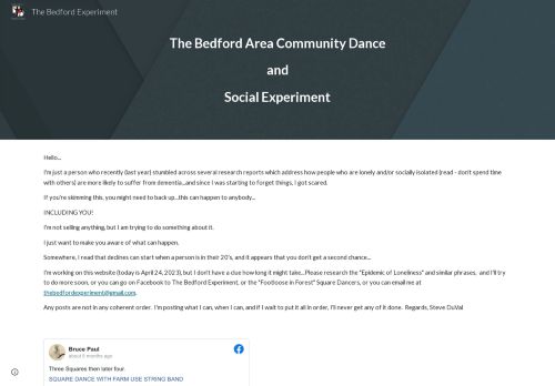 Web site for "The Bedford Area Community Dance and Social Experiment"